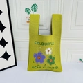 Grass green knit tote bag with colorful floral embroidery and textured finish - Three Flowers Green