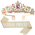 Birthday Princess set with colorful rhinestone tiara and golden glitter sash for girls - Opal Multi-color Set #2
