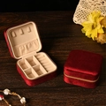 Portable burgundy velvet jewelry box with gold zipper and multi-grid interior storage - Velvet Wine Red (No Mirror)