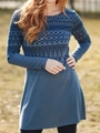 Detailed close-up of blue knit dress featuring ethnic geometric patterns and leaf prints - S / Dresses / Blue