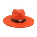 Orange Western cowboy fedora hat featuring a leather band with a silver bull head buckle - Orange