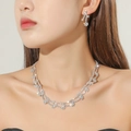 Elegant silver bridal jewelry set with sparkling rhinestone floral pendant and earrings - Flower Y-Shape Silver 2-Piece Set(DTN14026531S)