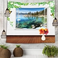 Detalle del tapiz 3D efecto ventana con vistas al lago y las montañas nevadas - 150x130cm / Lago de Montaña Nevada