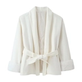 Detail of white midi wool coat featuring plush faux fur cuffs and matching waist tie belt - S / White