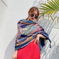 Ethnic summer sun protection beach scarf with colorful abstract pattern and tassels - Cream-Multicolor Abstract / 180cm