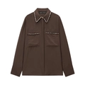 Dark brown satin long-sleeve shirt with sequins trim on pointed collar and pocket edges - XS / Coffee