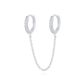 Detailed view of sterling silver cuff earrings with chain link and sparkling zircon stones - Silver-Single Piece