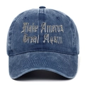 Casquette baseball en denim délavé bleu foncé avec broderie gothique et slogan MAGA - Bleu marine