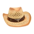 Hollow straw cowboy hat in beige with western bull head leather band ornament - One Size / Khaki 1 (Brown Cow)