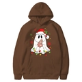 Brown Christmas hoodie featuring a cute ghost print with Santa hat and tree for couples - Coffee