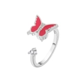 S925 silver adjustable ring featuring a red enamel butterfly and sparkling cubic zirconia - AJ141 Silver Red Butterfly S925