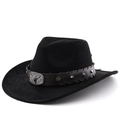 Black suede cowboy hat with brown leather band and silver bull head emblem decoration - M (56-58cm) / Black