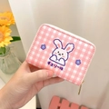 Slim pink checkered card wallet with cute cartoon rabbit and secure zipper closure - Pink Flower Rabbit (Mirror Window 20 Card Slots + 2 ID Slots)