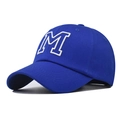 Detail of navy blue cotton baseball cap featuring high-quality white 3D letter M embroidery - Blue