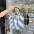 Blue and white striped canvas tote bag with thick rope handles and logo patch - Royal Blue Stripes