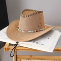 Retro mesh mountain straw hat with turquoise bead band and adjustable wind rope - Khaki