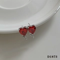 Silver-finish heart stud earrings with red zircon and liquid metal style drop details - Silver Earrings + Red Zircon (D1873)