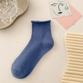 Morandi blue cotton crew socks with curly edge and vertical ribbed texture - One Size / Light Royal Blue