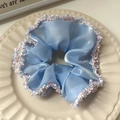 Double-layered light blue pearlescent lace hair scrunchie with colorful fringe edges - 74# Blue Satin Tassel