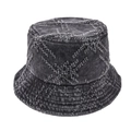 Detail of washed grey denim bucket hat featuring white cross-stitch star embroidery - Distressed Bucket Hat / Black