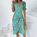 Bohemian mandala print wrap dress in turquoise and gold with puff sleeves - Emerald Green