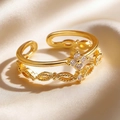 Minimalist double layered gold open ring with sparkling cz flower accent for women - Gold Double Layer Woven Flower (6291)