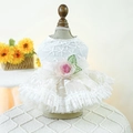 White lace pet wedding dress featuring pink satin rose and floral embroidery detail - Vintage Floral Wedding Dress