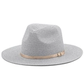 Grey fedora straw hat with light brown leather band and metal buckle for sun protection - Adjustable (56-58cm) / Silver Gray