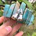 Handmade hair comb featuring raw turquoise stones and silver crow skull accents - Amazonite + Silver Crow Skull