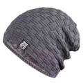 Thick knit beanie for men with warm fleece lining and textured dark gray grid pattern - Gray