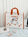 Detail of eco-friendly woven tote bag featuring cartoon house and dog with metal snap - Large / House and Dog Print【Red】Large Size