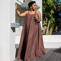 Deep brown sleeveless maxi dress in breathable linen fabric for beach vacations - XL / Coffee