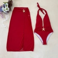 Detailed flat lay of red halter swimsuit and sheer sarong with gold starfish accents - S / Burgundy