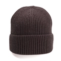 Close-up of the thick ribbed knit texture on a warm dark brown winter beanie hat - Coffee