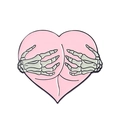 Pink heart-shaped enamel pin featuring skeleton hands grasping a central peach shape - Skeleton Hands Holding Heart Style (XZ6070)