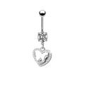 Macro detail of silver belly ring with round zircon and heart pendant featuring a cat motif - Heart Cat / Silver