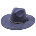 Detail of navy blue suede fedora featuring golden chain link and black ribbon bow - Navy Blue