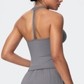Detailed back view of a grey high-elastic V-neck sports bra with racerback design - Smoke