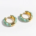 Detail of light blue enamel floral earrings with gold trim and hinged hoop design - Cyan