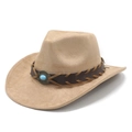 Detail of suede jazz hat with woven brown band and turquoise vintage ornament - M (56-59cm) / Camel (Suede)