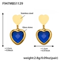 Blue glass heart earrings in gold stainless steel finish, size 2.3cm by 1.2cm - Blue Faceted Stone Gold Earrings (F947)