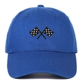 Navy blue cotton baseball cap featuring racing flag embroidery and a curved visor - Blue