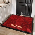 Rote Fußmatte mit Rosenmuster, Welcome-Schriftzug und rutschfestem schwarzem Gummirand - 60*90cm [Exquisite Stickerei] / Roter Satin-Blumenstrauß