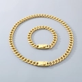 Set collana e bracciale a catena cubana in acciaio inossidabile dorato lucido - Stile B Oro (Catena Lucida a Maglie Rotonde) / Bracciale 21cm