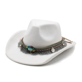 Detail of white felt cowboy hat with ethnic fringe, beads and turquoise stones - M(56-58cm) / White