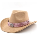 Classic khaki suede Western cowboy hat with decorative pink ribbon and silver concho - M (56-58cm) / Camel