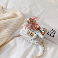 Children's tweed mini crossbody bag with colorful floral decor and golden chain strap - Rabbit Style / White