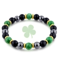 Detailed macro view of beaded tiger eye bracelet with hematite and gold gear spacers - Green & Black-Grey Stone Bead Style (Style-05)
