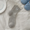 Grey knit crew socks for women featuring blue bow heart embroidery and ivory ribbed cuffs - Light Gray