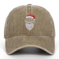 Detail of Santa Claus and MERRY Christmas embroidery on washed khaki cotton baseball cap - Khaki